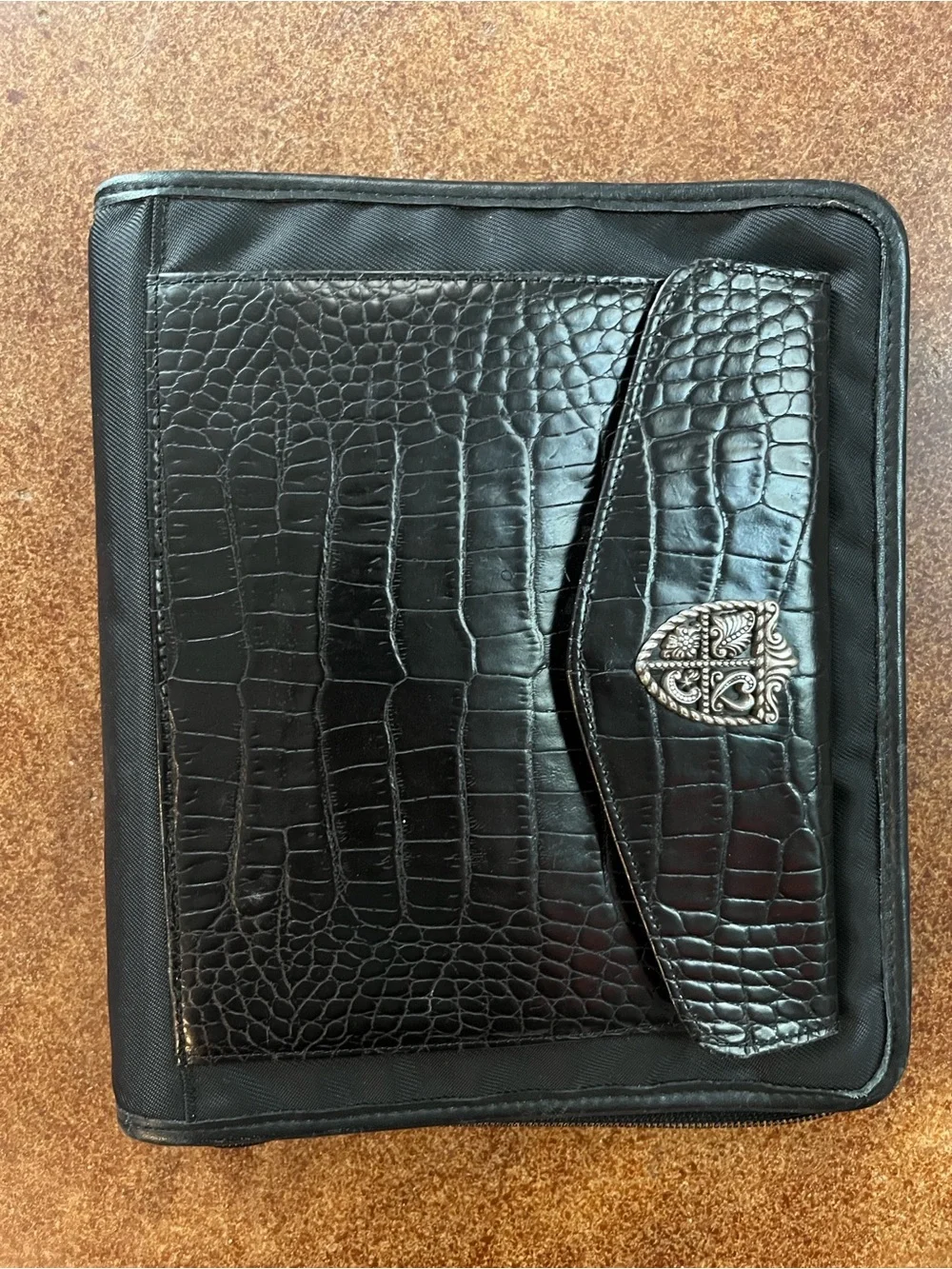 Brighton Black Nylon Notebook withCroc-Texture Leather Front Pocket